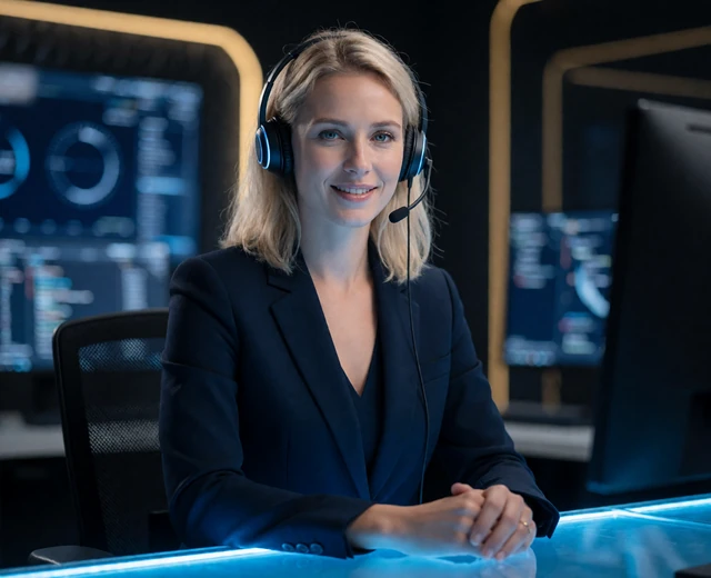 Freundliche 30bet Casino Support-Mitarbeiterin mit Headset am Neon-Servicedesk rund um die Uhr