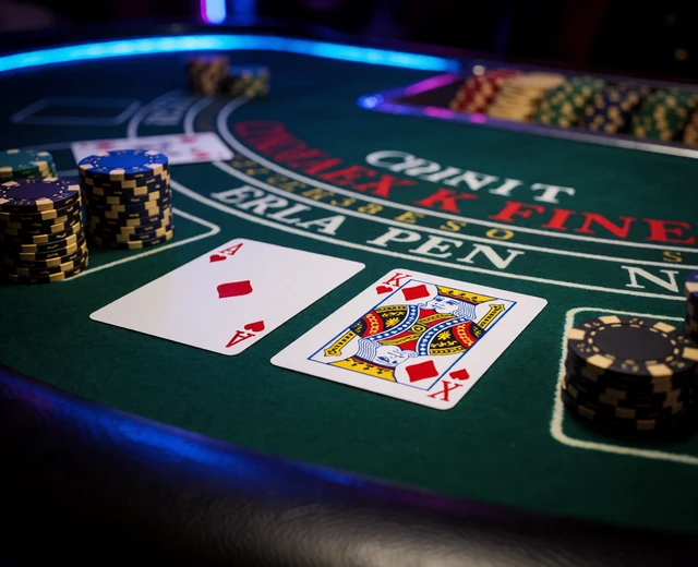 Blackjack-Tisch mit Karten und Chips auf gr&uuml;nem Filz f&uuml;r Black Jack online bei 30bet