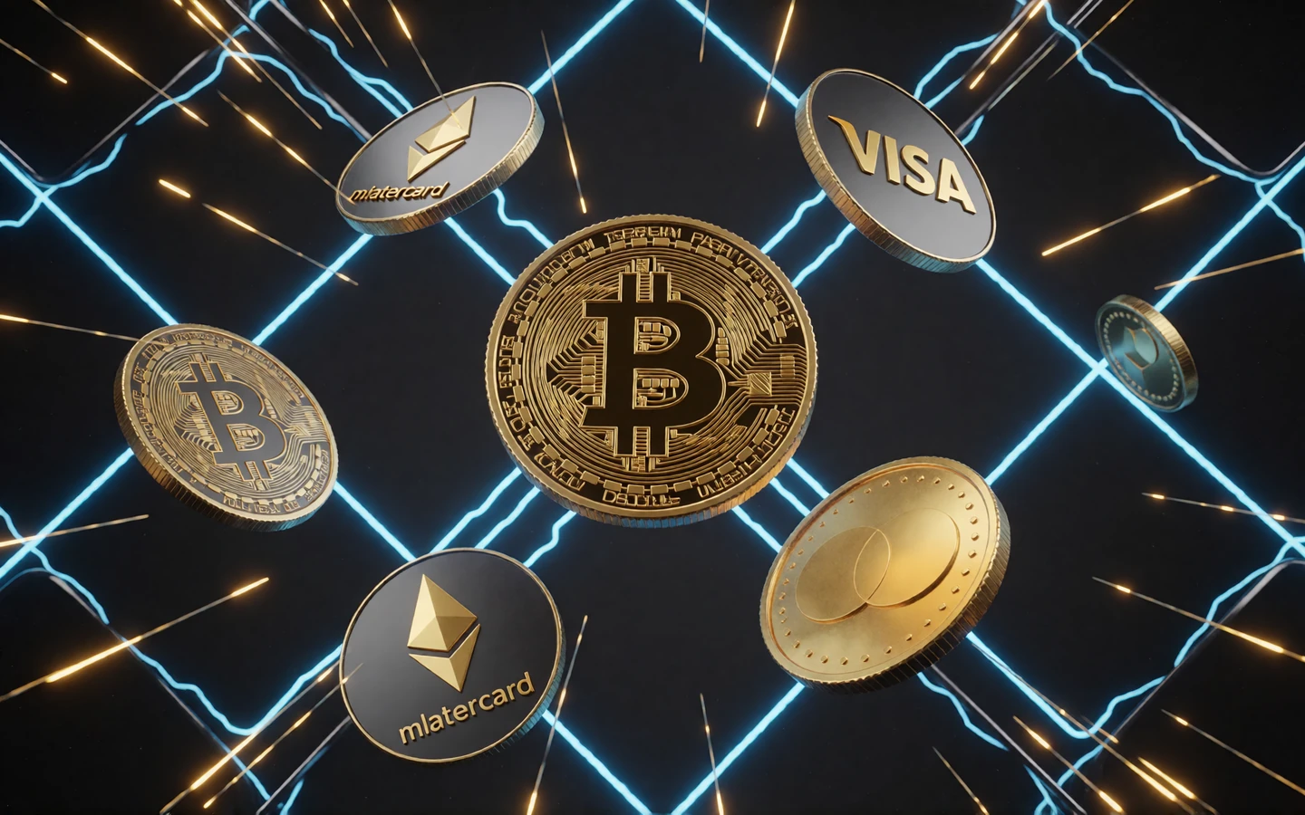 Krypto- und Zahlungsm&uuml;nzen &uuml;ber blauem Neon-Raster als Zahlungsmethoden-Motiv von 30bet Casino