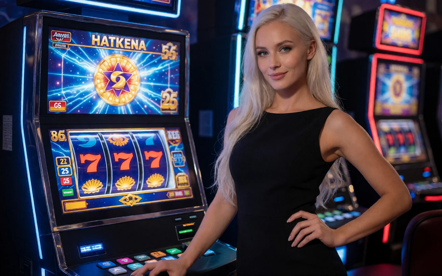 Stilvolle blonde Frau an einem leuchtenden Slot-Automaten im Live Casino online von 30bet