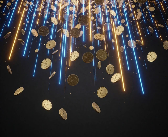 Bonus-Regen: fallende goldene und blaue Neon-M&uuml;nzen als Cashback-Motiv von 30bet Casino